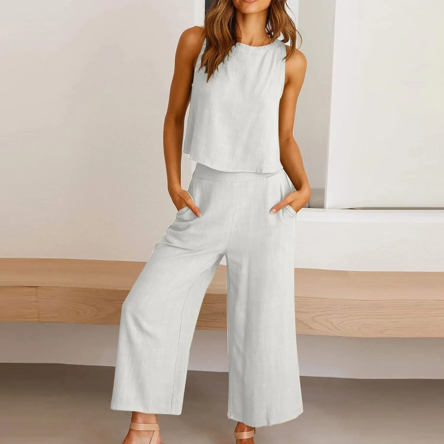 Summer Vacation 2 Piece Outfits For Women 2024 Sleeveless Crop Top Capri Wide Leg Pants Matching Lounge Set Linen Sets