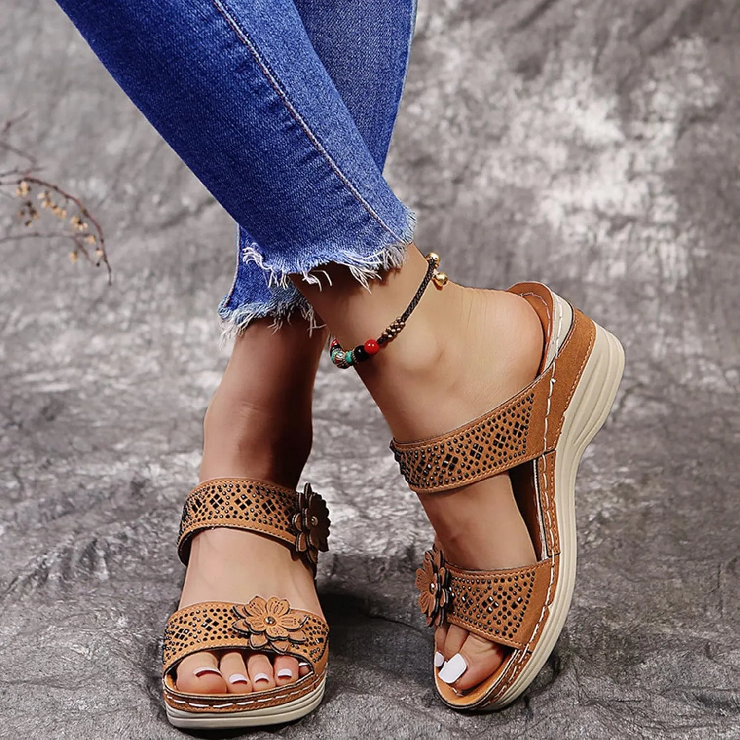Summer Women's Sandals Comfortable Wedge Sandal Flower Sewing With Arch Support Casual Waterproof Dresses Open Toe Slipper Platform Slides Non-slip Evening Bride Wedding Beach Parties Outdoor
