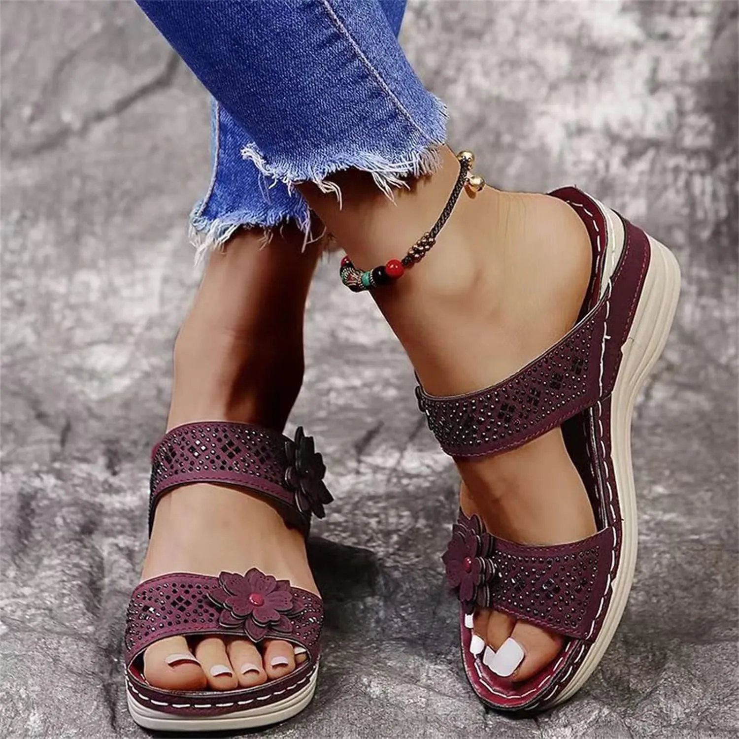 Summer Women's Sandals Comfortable Wedge Sandal Flower Sewing With Arch Support Casual Waterproof Dresses Open Toe Slipper Platform Slides Non-slip Evening Bride Wedding Beach Parties Outdoor