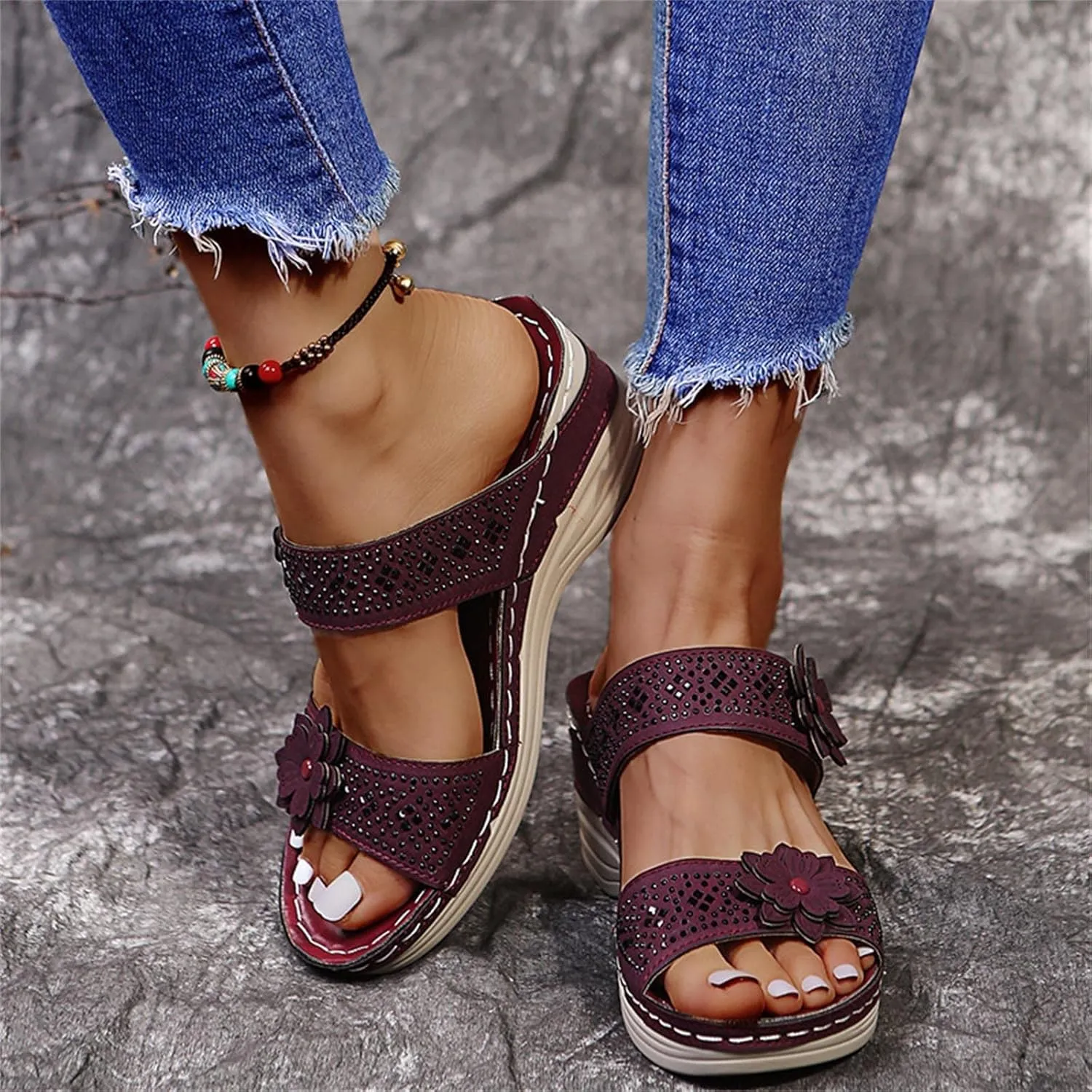 Summer Women's Sandals Comfortable Wedge Sandal Flower Sewing With Arch Support Casual Waterproof Dresses Open Toe Slipper Platform Slides Non-slip Evening Bride Wedding Beach Parties Outdoor