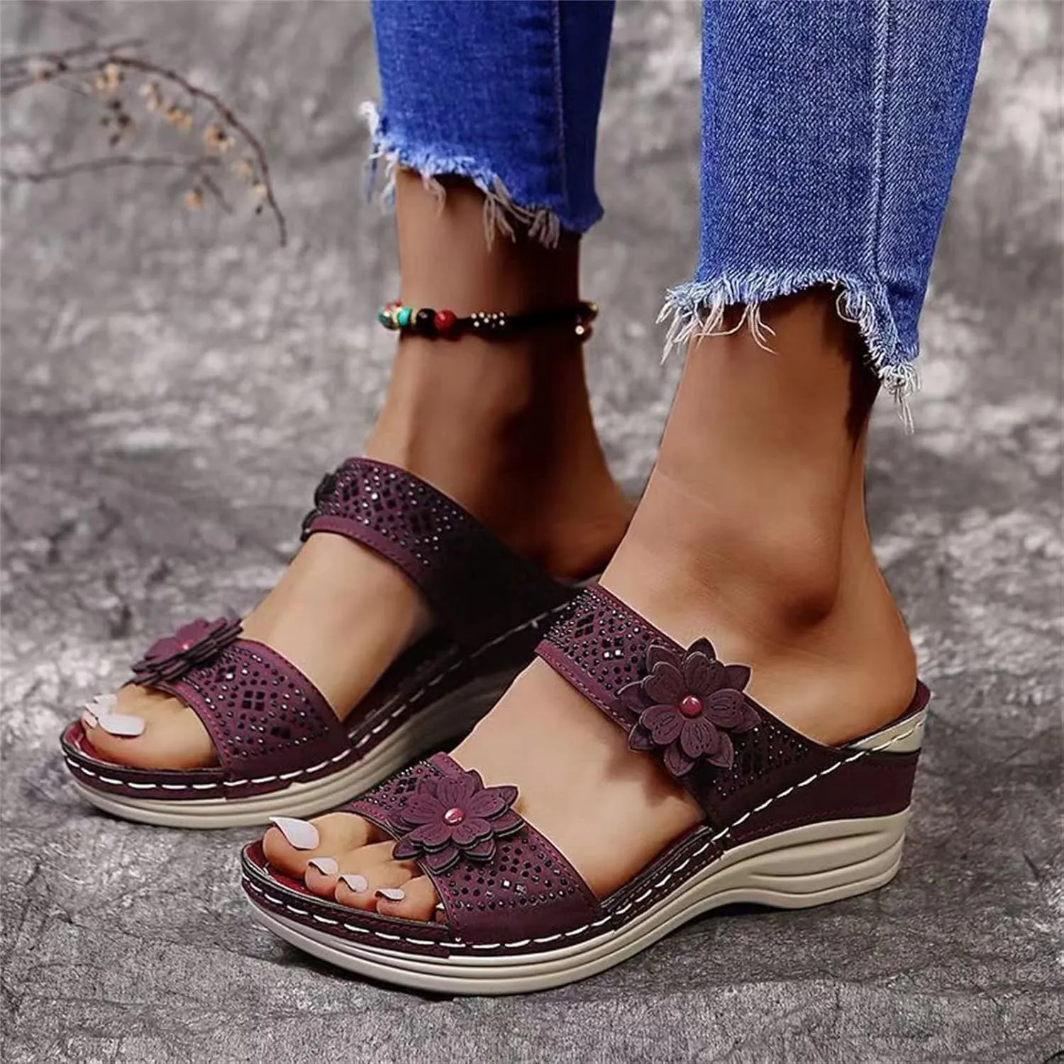 Summer Women's Sandals Comfortable Wedge Sandal Flower Sewing With Arch Support Casual Waterproof Dresses Open Toe Slipper Platform Slides Non-slip Evening Bride Wedding Beach Parties Outdoor
