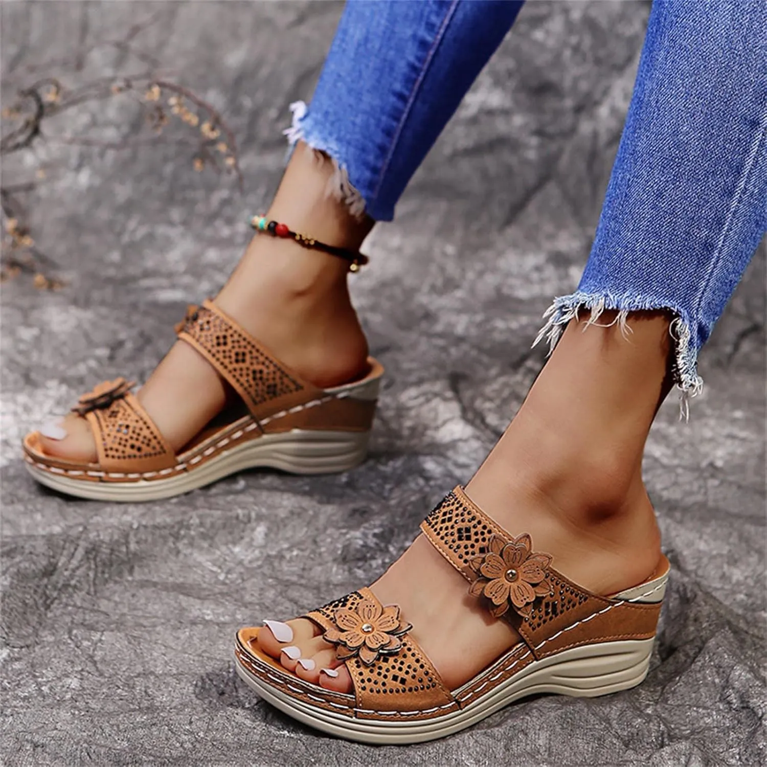 Summer Women's Sandals Comfortable Wedge Sandal Flower Sewing With Arch Support Casual Waterproof Dresses Open Toe Slipper Platform Slides Non-slip Evening Bride Wedding Beach Parties Outdoor