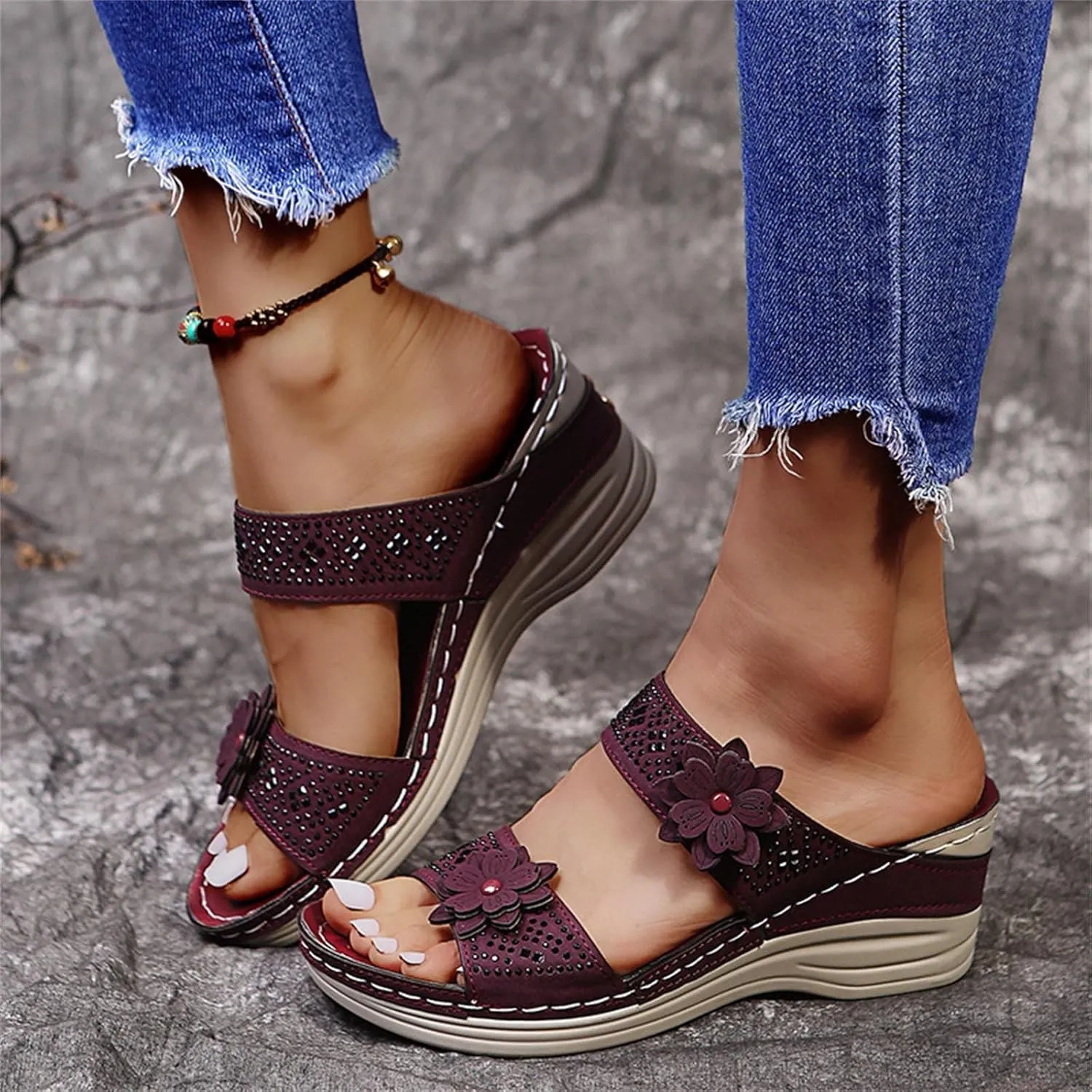 Summer Women's Sandals Comfortable Wedge Sandal Flower Sewing With Arch Support Casual Waterproof Dresses Open Toe Slipper Platform Slides Non-slip Evening Bride Wedding Beach Parties Outdoor