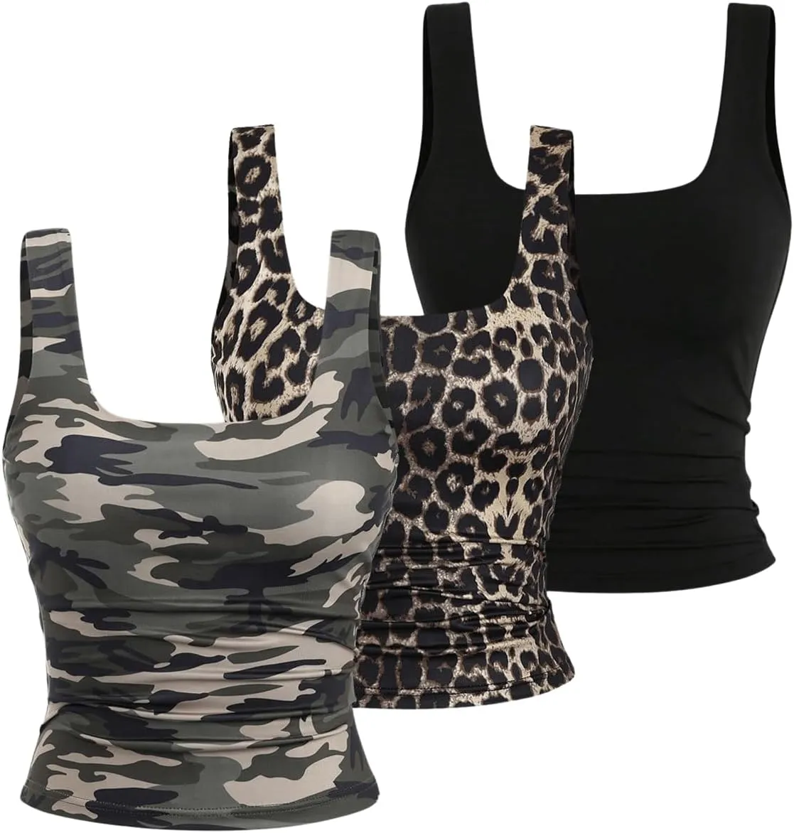 SweatyRocks Women's 3 Pack Tank Tops Camo Leopard Print Square Neck Sleeveless Summer Fitted Tops