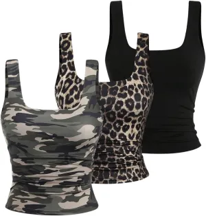 SweatyRocks Women's 3 Pack Tank Tops Camo Leopard Print Square Neck Sleeveless Summer Fitted Tops