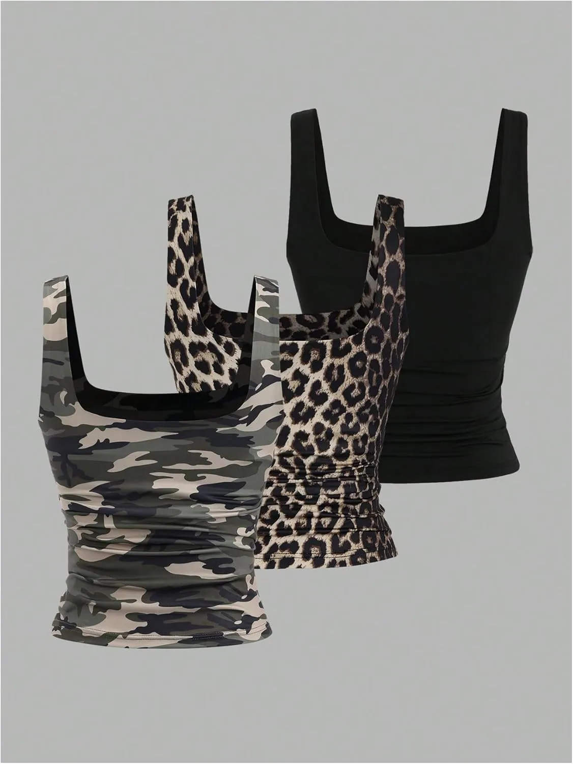 SweatyRocks Women's 3 Pack Tank Tops Camo Leopard Print Square Neck Sleeveless Summer Fitted Tops