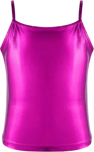 TiaoBug Girls Shiny Metallic Dance Crop Tops Sleeveless Camisole Tank Tops Jazz Dancing Performance Shirt