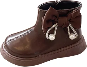 Toddler/Little Girls Short Ankle Boots Kids Cute Sweet Bowknot Water-Proof Side Zipper Solid Flat Dress Booties