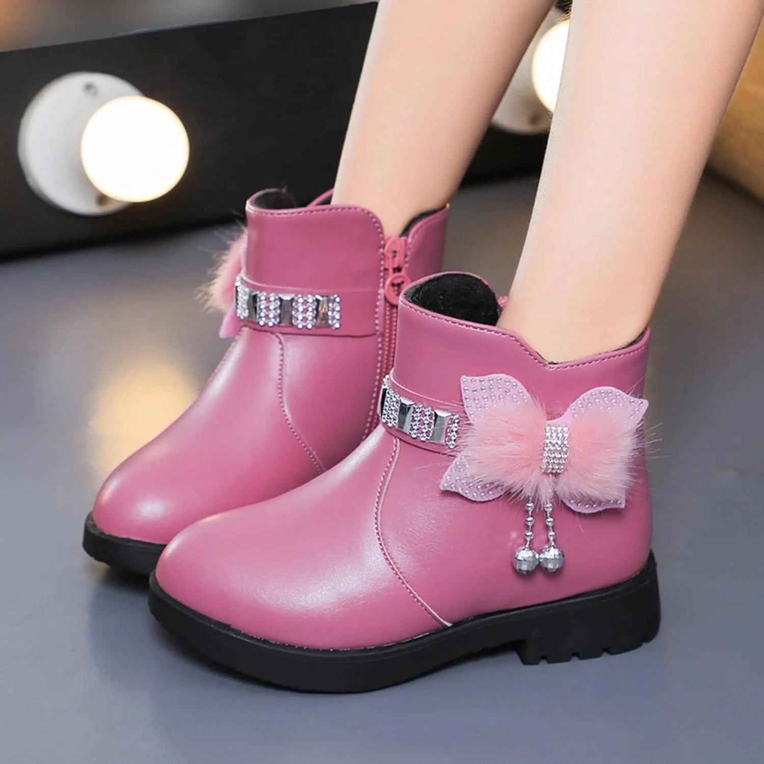 Toddler/Little Kid/Big Kid Girls Ankle Boots PU Leather Warm Hiking Snow Boots Cute Dress Booties