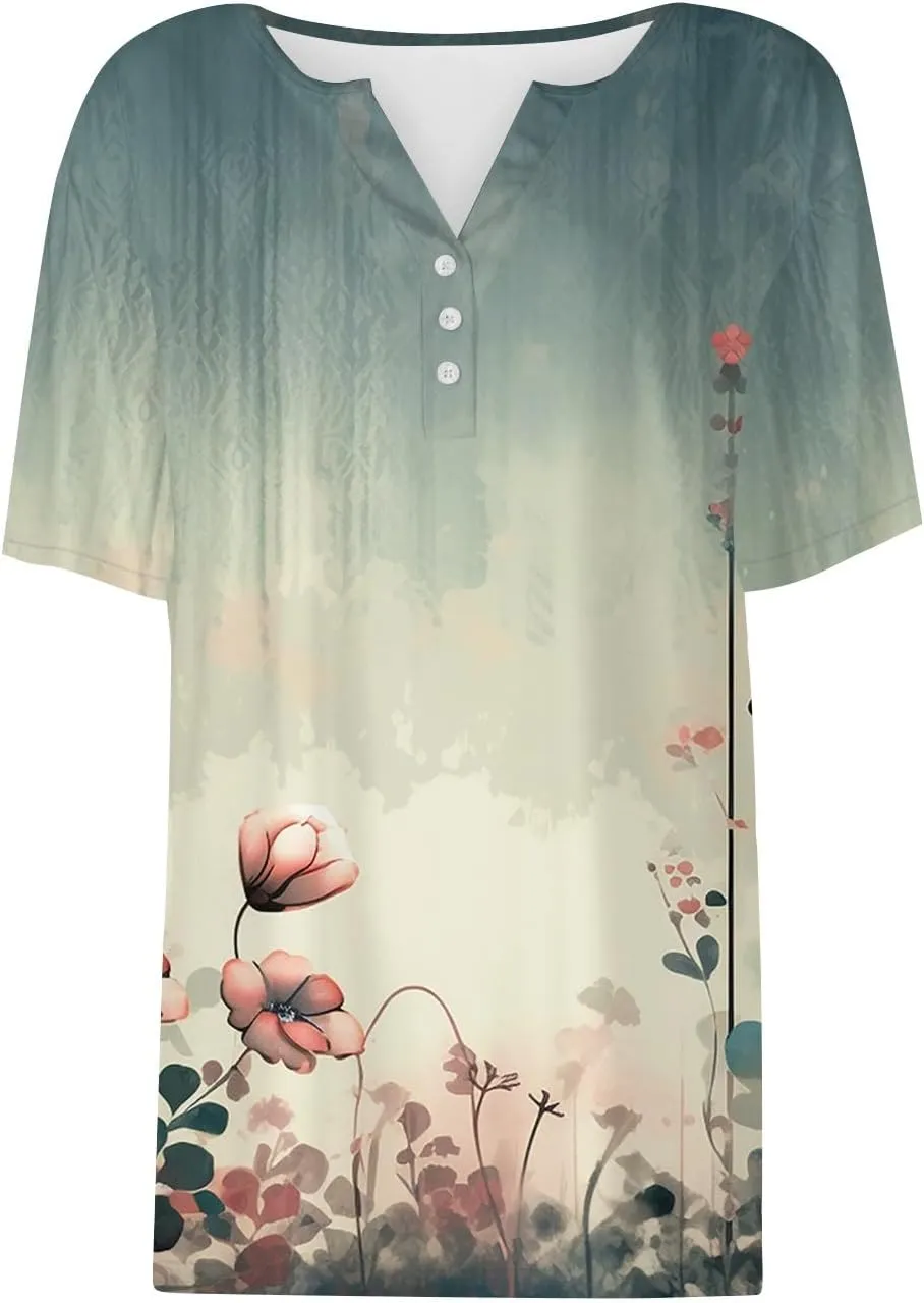 Tops for Women Trendy Button Down V Neck Tunics Henley Trendy Blouse Printed Summer Tops Vacation Tees Pullover