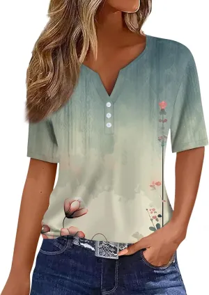 Tops for Women Trendy Button Down V Neck Tunics Henley Trendy Blouse Printed Summer Tops Vacation Tees Pullover