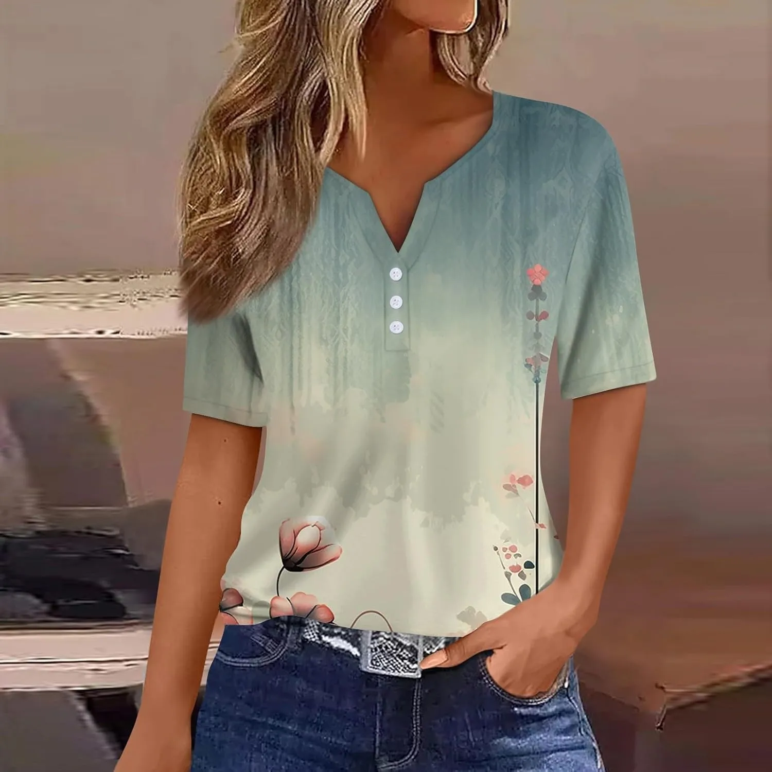 Tops for Women Trendy Button Down V Neck Tunics Henley Trendy Blouse Printed Summer Tops Vacation Tees Pullover