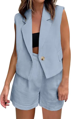 Two Piece Sets for Women Dressy Summer Sleeveless Blazer Vest and High Waist Shorts Suit Business Casual Outfits