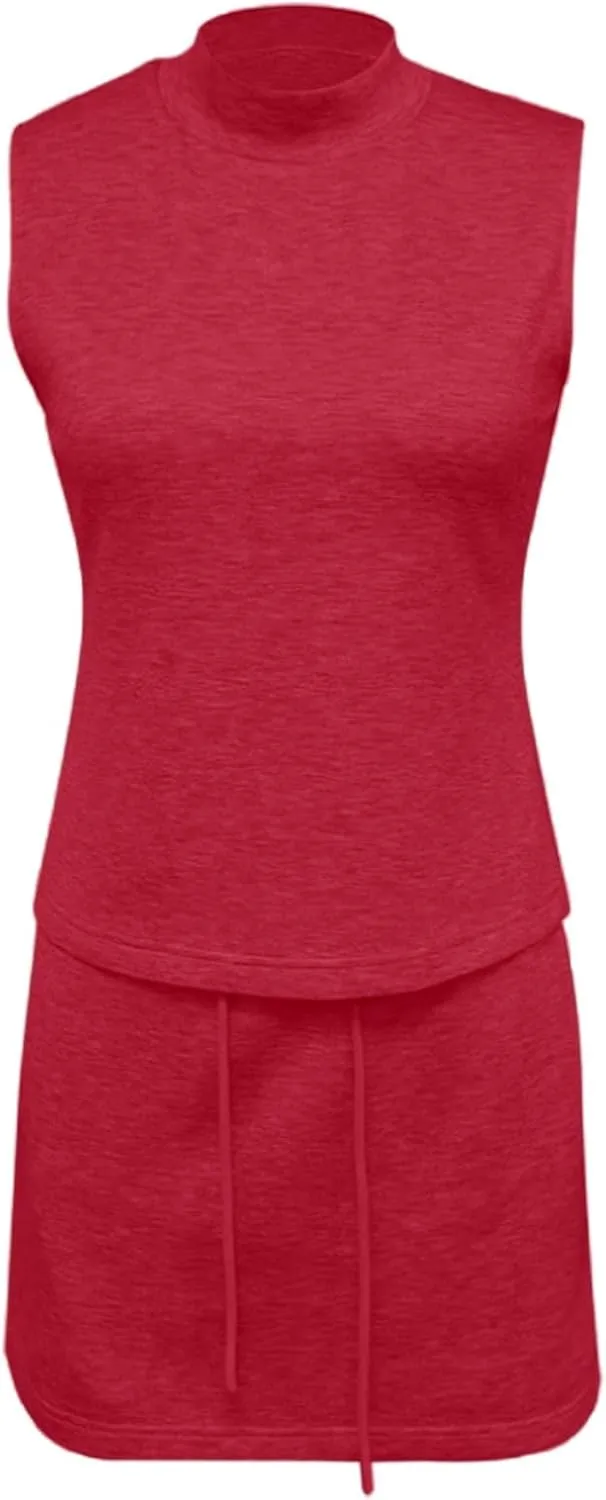 Two Piece Sets for Women Summer Skirt Casual Mock Neck Sleeveless Sweatsuits Skort Set Black Athletic Tennis Outfit