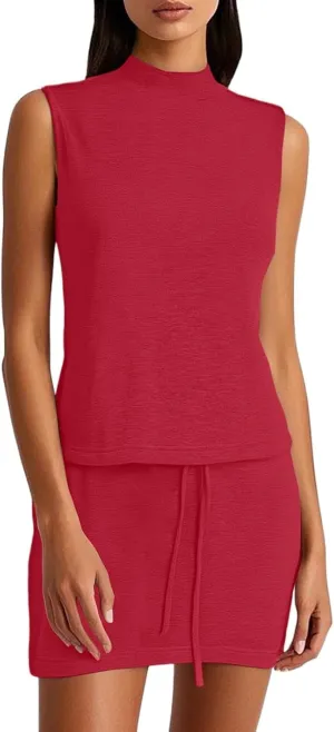 Two Piece Sets for Women Summer Skirt Casual Mock Neck Sleeveless Sweatsuits Skort Set Black Athletic Tennis Outfit