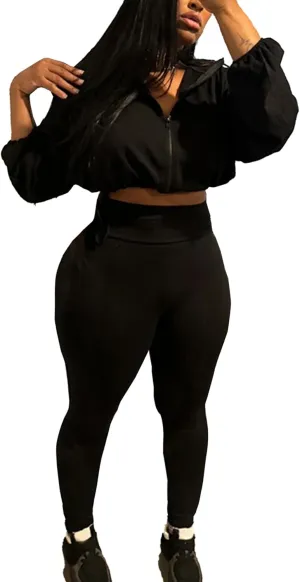 Two Piece Sets for Women Workout Set Crop Top Zipper Long Sleeve High Waist Casual Tracksuit Sweatsuits