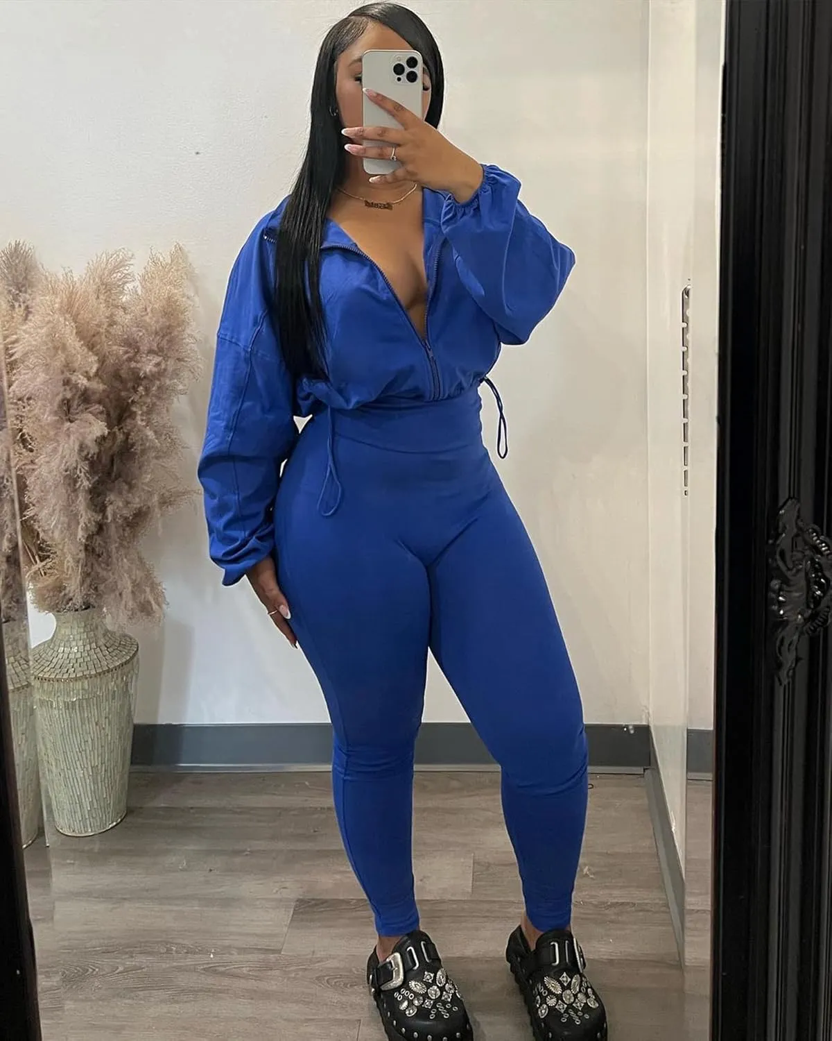 Two Piece Sets for Women Workout Set Crop Top Zipper Long Sleeve High Waist Casual Tracksuit Sweatsuits