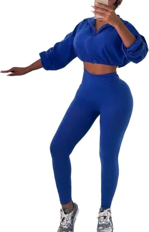 Two Piece Sets for Women Workout Set Crop Top Zipper Long Sleeve High Waist Casual Tracksuit Sweatsuits