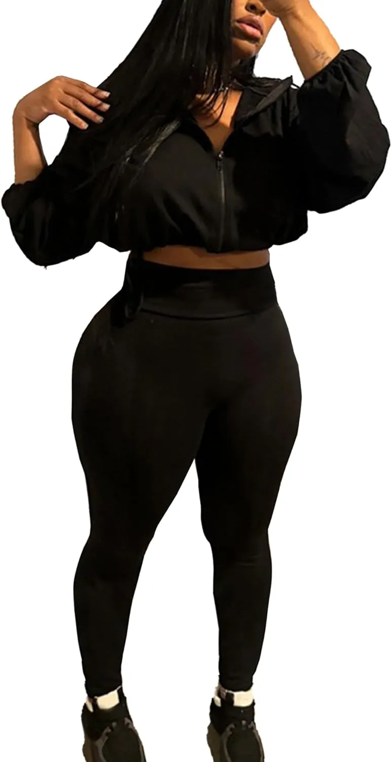 Two Piece Sets for Women Workout Set Crop Top Zipper Long Sleeve High Waist Casual Tracksuit Sweatsuits