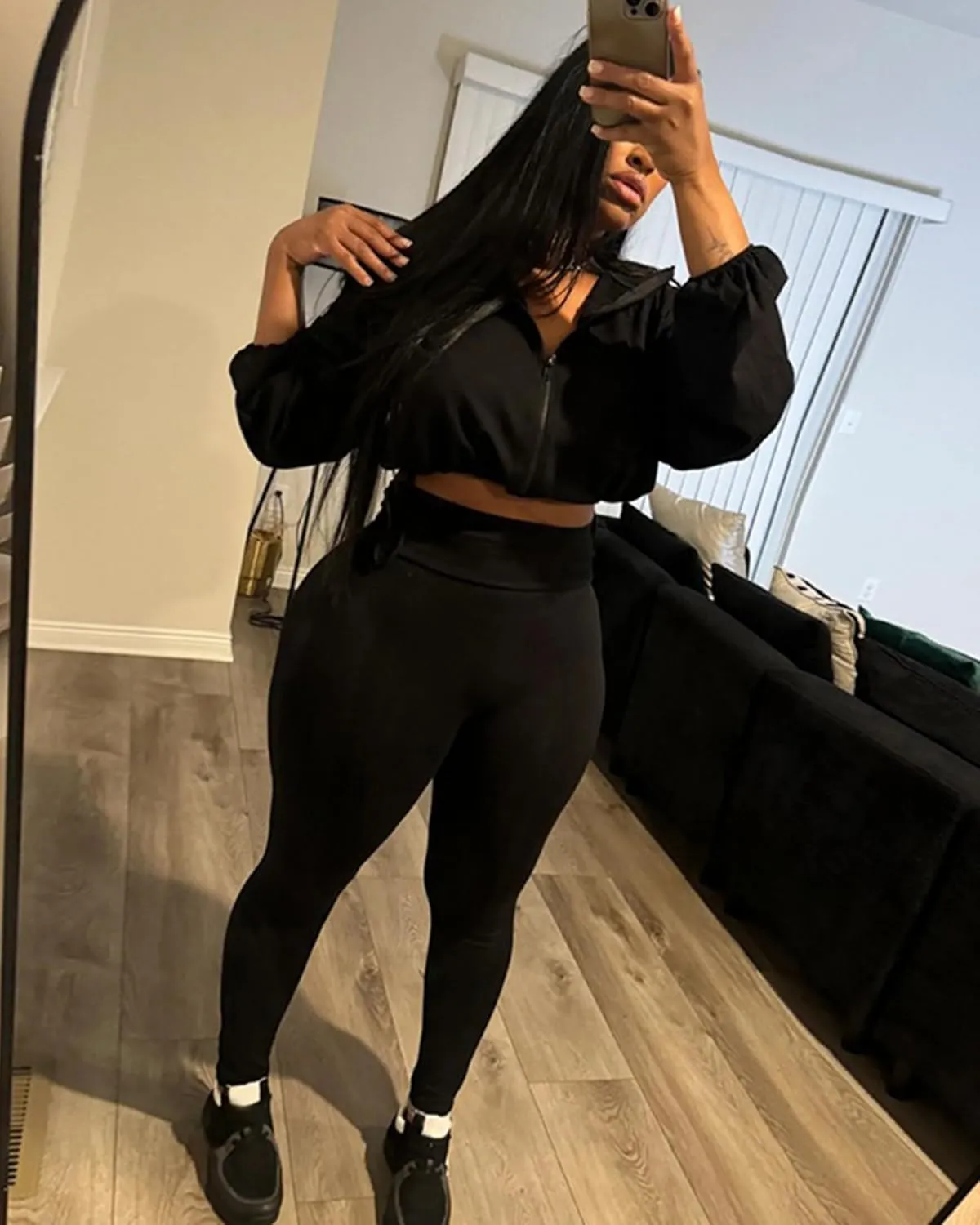 Two Piece Sets for Women Workout Set Crop Top Zipper Long Sleeve High Waist Casual Tracksuit Sweatsuits