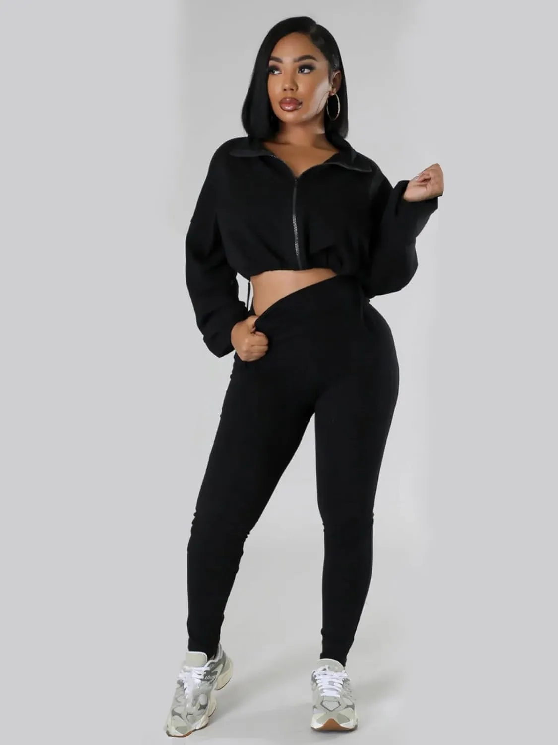 Two Piece Sets for Women Workout Set Crop Top Zipper Long Sleeve High Waist Casual Tracksuit Sweatsuits