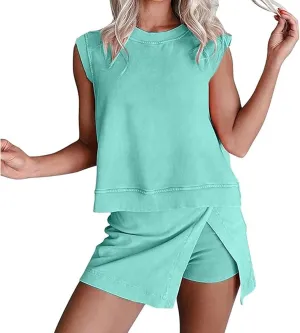 Two Piece Skirt Set for Women Summer Casual Crew Neck Sleeveless Tank Top and Skorts Shorts Matching Sets