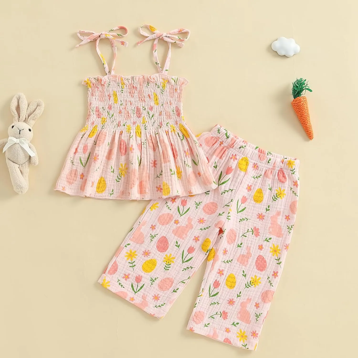 VISGOGO Easter Toddler Girl Outfit Sleeveless Smocked Strap Camisole Linen Pants Egg Easter Baby Girl Outfit Clothes