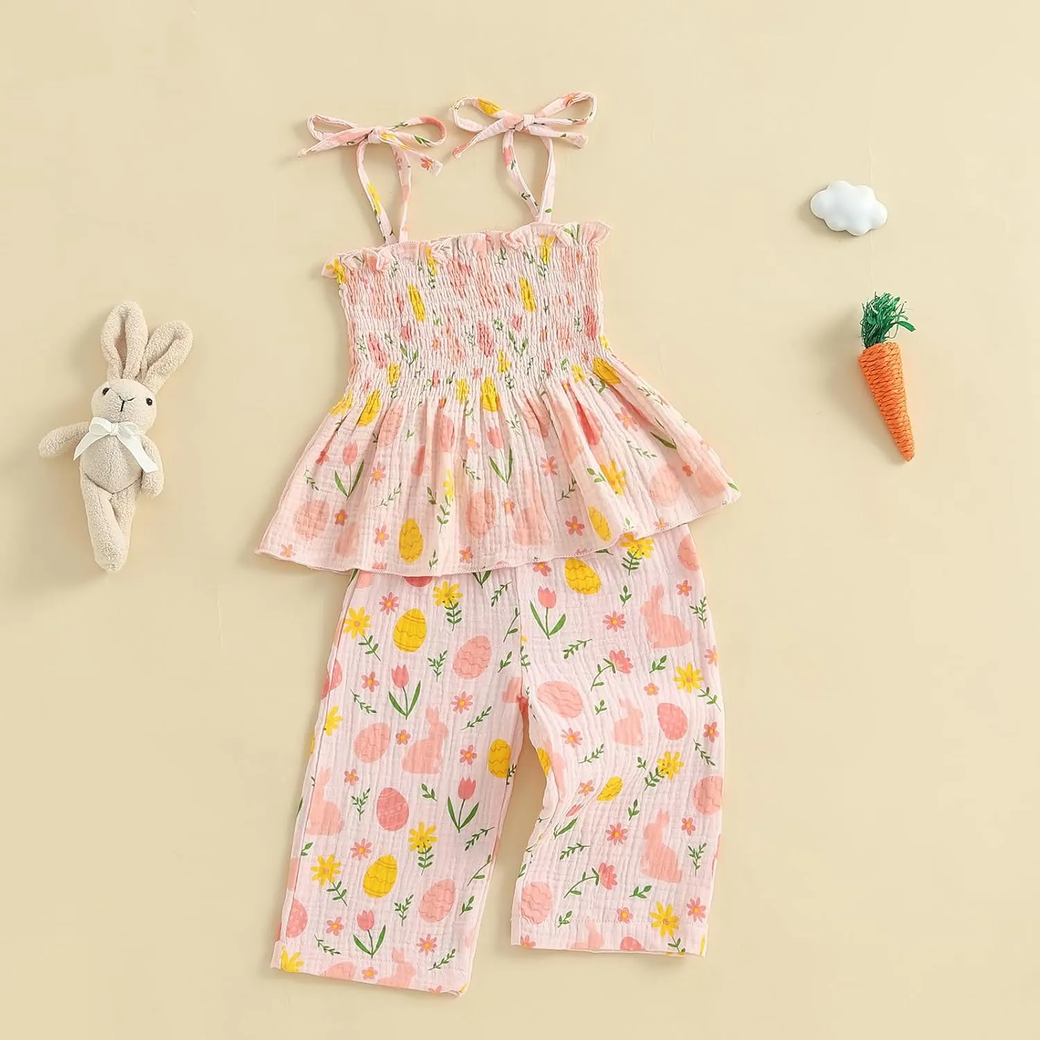 VISGOGO Easter Toddler Girl Outfit Sleeveless Smocked Strap Camisole Linen Pants Egg Easter Baby Girl Outfit Clothes