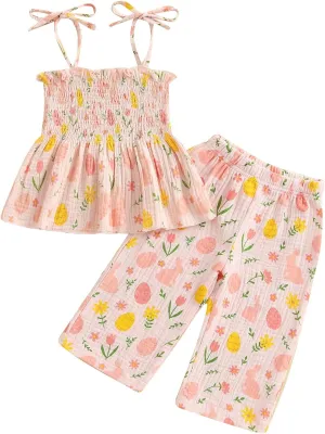 VISGOGO Easter Toddler Girl Outfit Sleeveless Smocked Strap Camisole Linen Pants Egg Easter Baby Girl Outfit Clothes