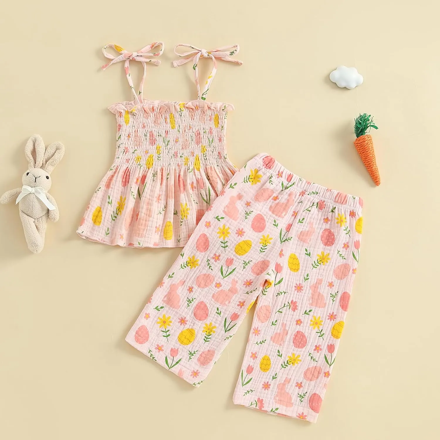 VISGOGO Easter Toddler Girl Outfit Sleeveless Smocked Strap Camisole Linen Pants Egg Easter Baby Girl Outfit Clothes