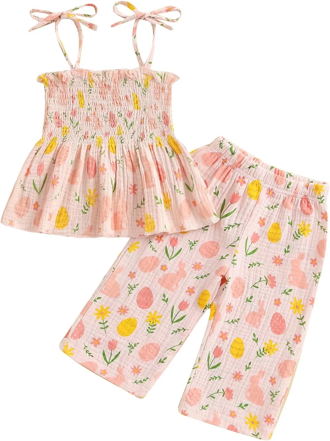VISGOGO Easter Toddler Girl Outfit Sleeveless Smocked Strap Camisole Linen Pants Egg Easter Baby Girl Outfit Clothes