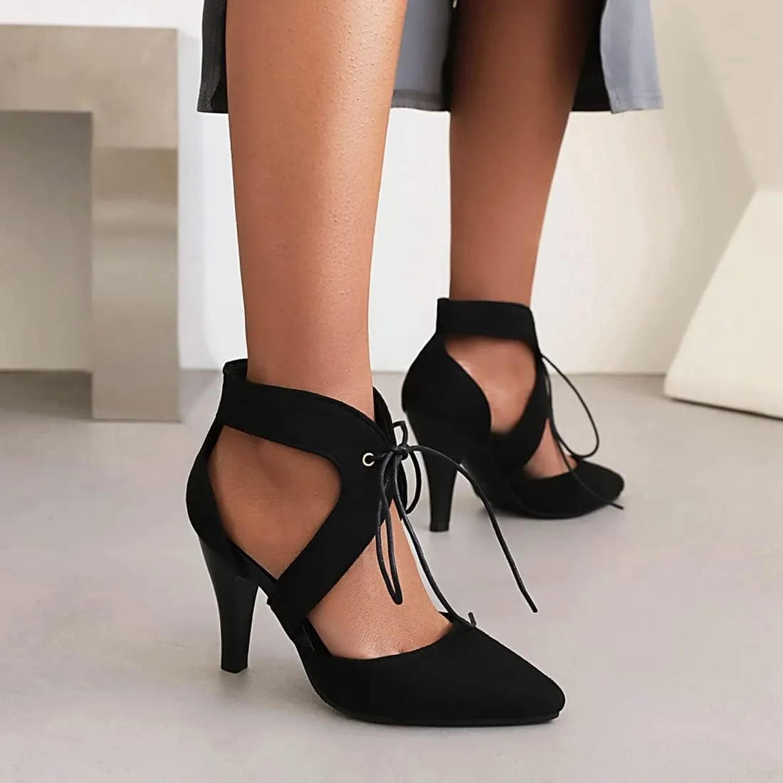 VOKLIN Women's Pointed Toe Stilettos High Heel Sandals Lace Up Cutout D'Orsay Pump Party Dressy Heeled Sandal