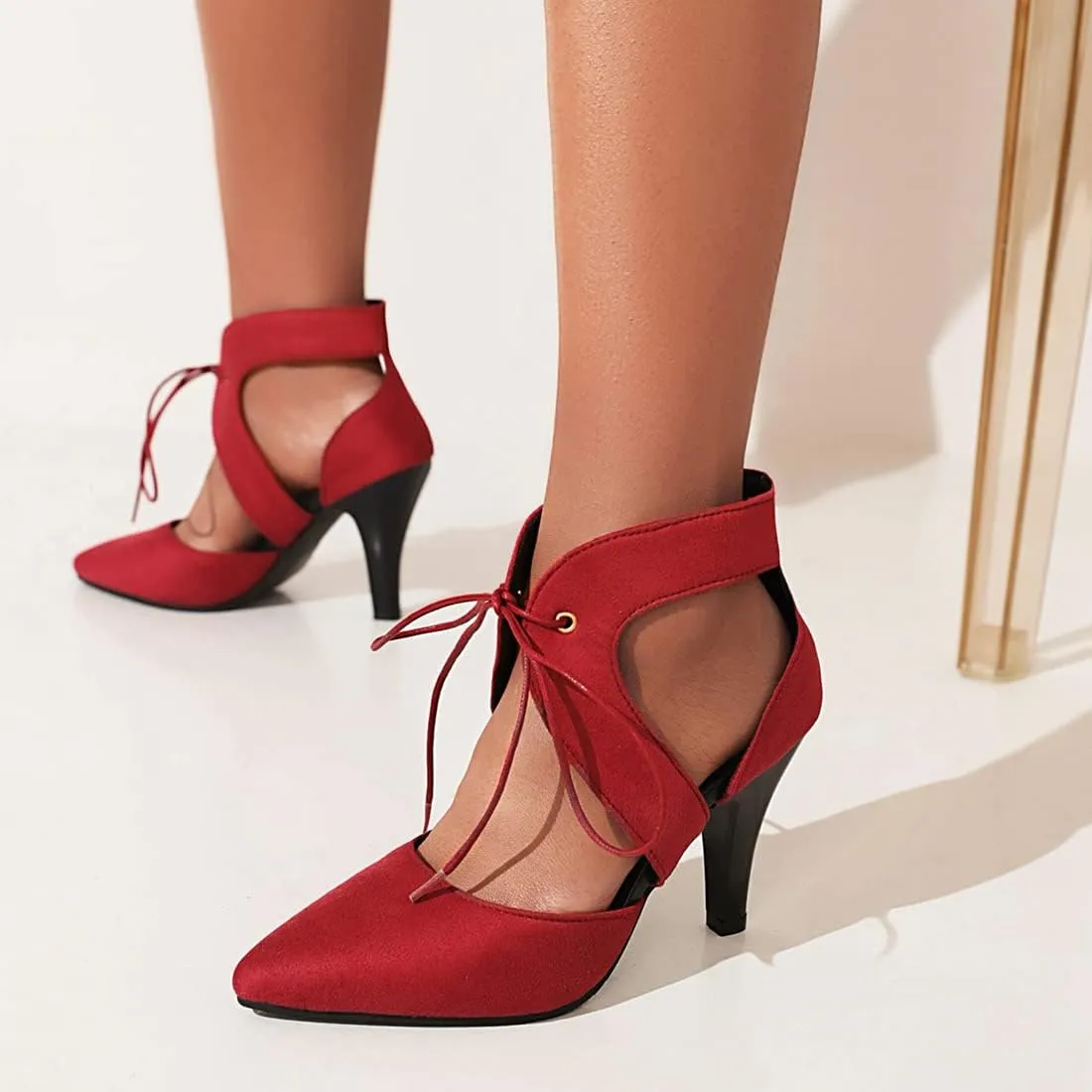 VOKLIN Women's Pointed Toe Stilettos High Heel Sandals Lace Up Cutout D'Orsay Pump Party Dressy Heeled Sandal