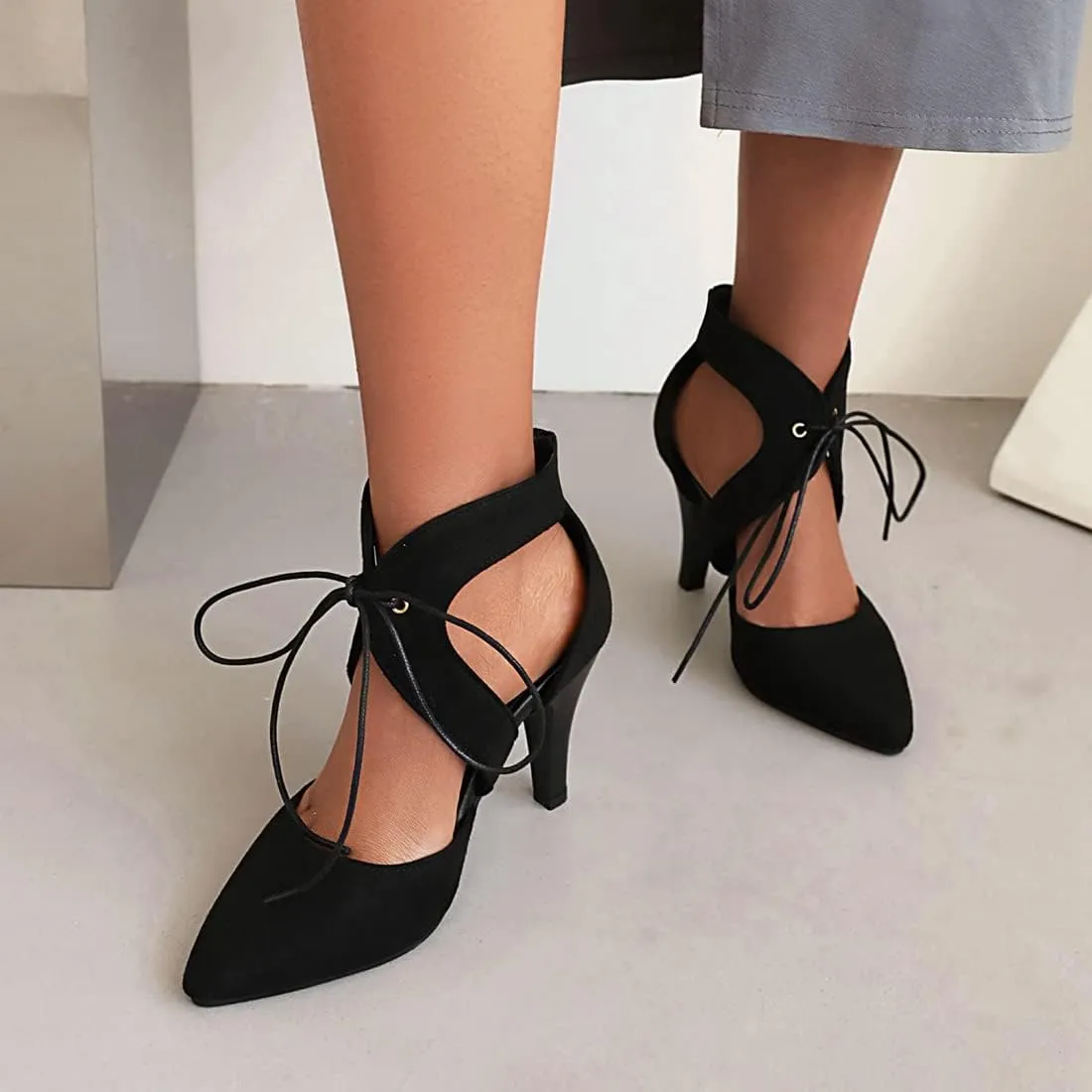 VOKLIN Women's Pointed Toe Stilettos High Heel Sandals Lace Up Cutout D'Orsay Pump Party Dressy Heeled Sandal