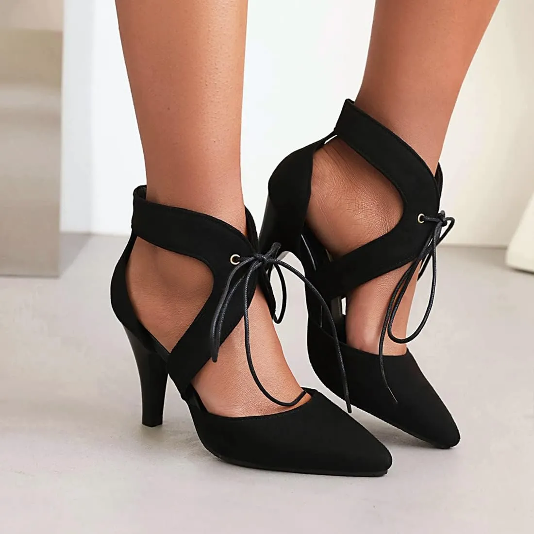 VOKLIN Women's Pointed Toe Stilettos High Heel Sandals Lace Up Cutout D'Orsay Pump Party Dressy Heeled Sandal