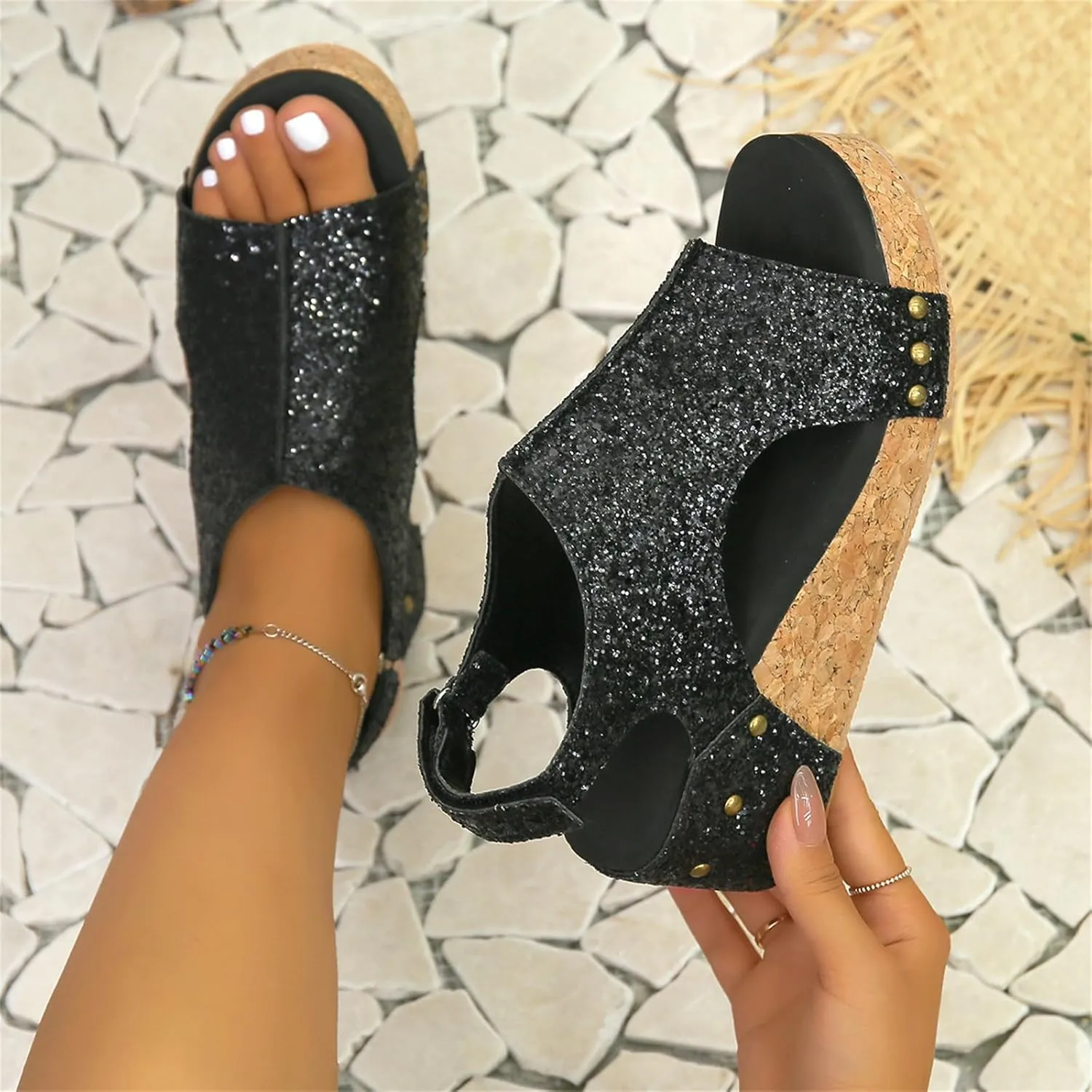 Wedge Sandals For Women Comfortable Dressy Open Toe Ankle Strap Casual Slip on Platform Sparkly Glitter Summer Dress Shoes