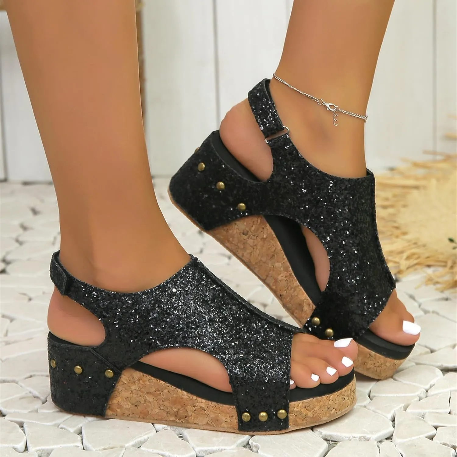 Wedge Sandals For Women Comfortable Dressy Open Toe Ankle Strap Casual Slip on Platform Sparkly Glitter Summer Dress Shoes