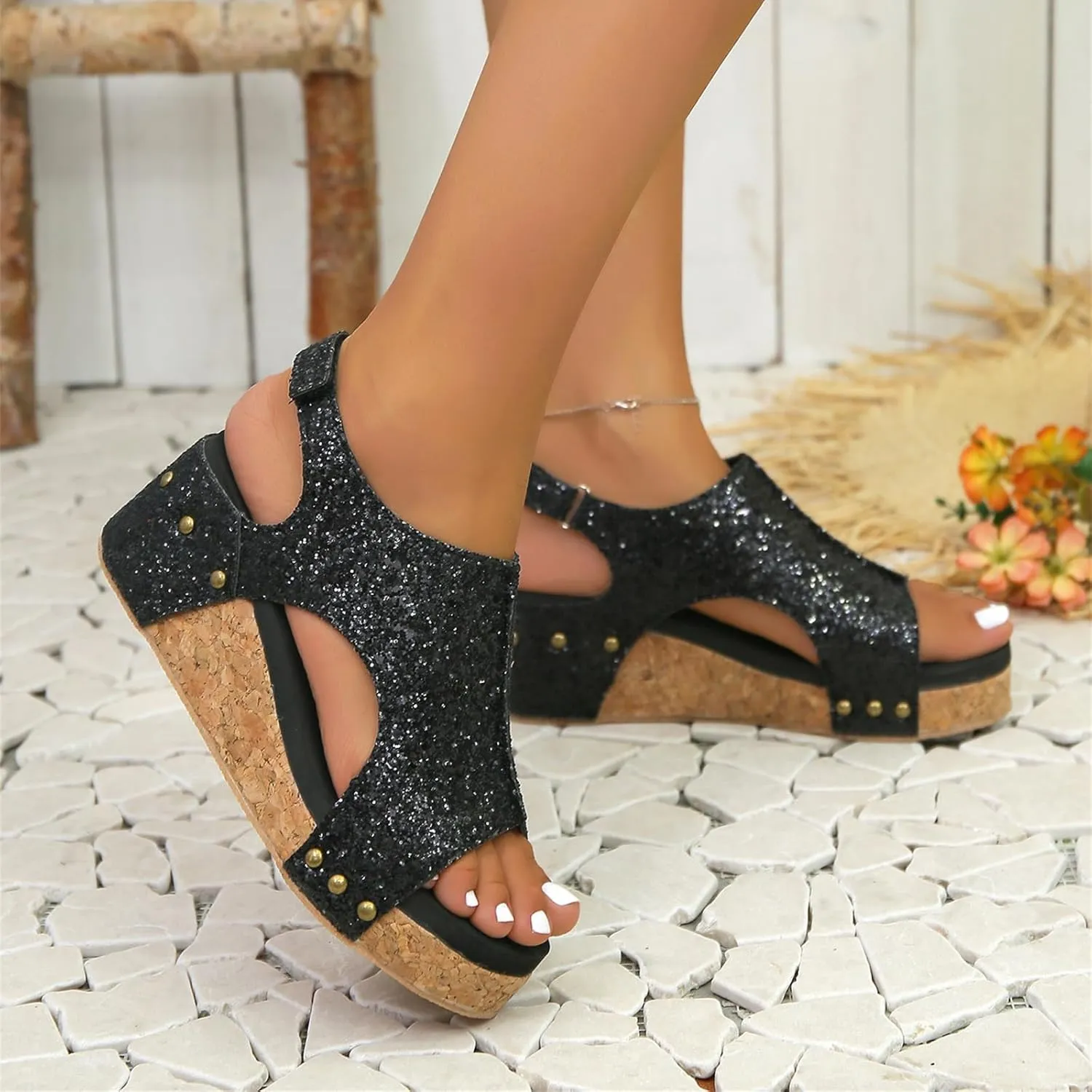 Wedge Sandals For Women Comfortable Dressy Open Toe Ankle Strap Casual Slip on Platform Sparkly Glitter Summer Dress Shoes