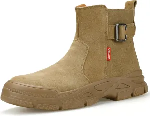 Welding Steel Toe Work Boots for Men Slip on Safety Boots High Top Brown Steel Toe Shoes for Men Rubber Sole Mens Work Shoes Zipper Botas de Trabajo Para Hombre, men's size 9.5