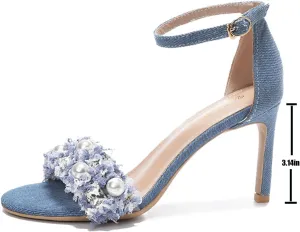 WENOREG Women's Rhinestones Pearl Open Toe Ankle Strap Stiletto Sandals,Summer Adjustable Ankle Strap Denim High Heels Bride Wedding Party Dress Shoes