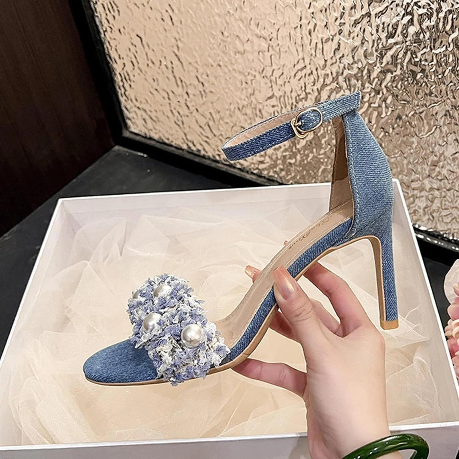 WENOREG Women's Rhinestones Pearl Open Toe Ankle Strap Stiletto Sandals,Summer Adjustable Ankle Strap Denim High Heels Bride Wedding Party Dress Shoes