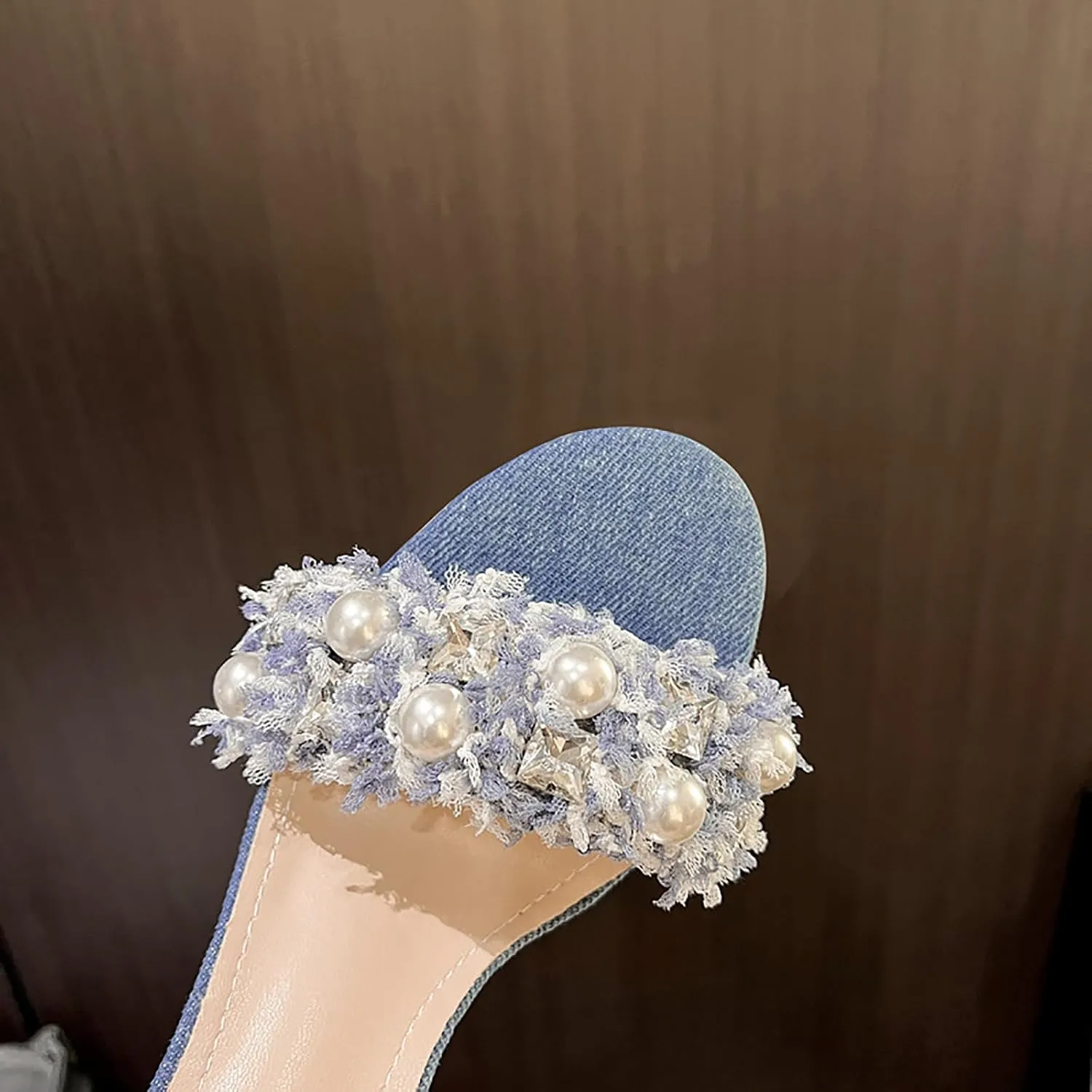 WENOREG Women's Rhinestones Pearl Open Toe Ankle Strap Stiletto Sandals,Summer Adjustable Ankle Strap Denim High Heels Bride Wedding Party Dress Shoes