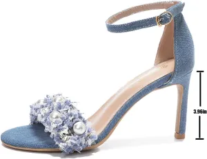 WENOREG Women's Rhinestones Pearl Open Toe Ankle Strap Stiletto Sandals,Summer Adjustable Ankle Strap Denim High Heels Bride Wedding Party Dress Shoes