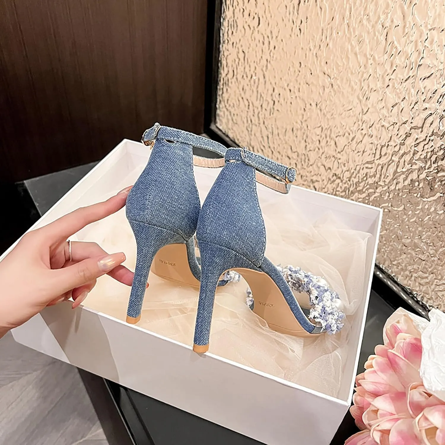 WENOREG Women's Rhinestones Pearl Open Toe Ankle Strap Stiletto Sandals,Summer Adjustable Ankle Strap Denim High Heels Bride Wedding Party Dress Shoes