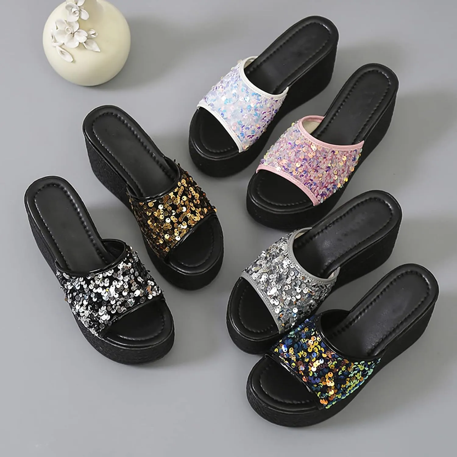 WENOREG Women's Sequined Slip-On Platform Wedge Sandals,Summer Fashion Fish Mouth Open Toe Dress Beach Shoes Indoor Outdoor Comfortable Slipper Platform Sandals