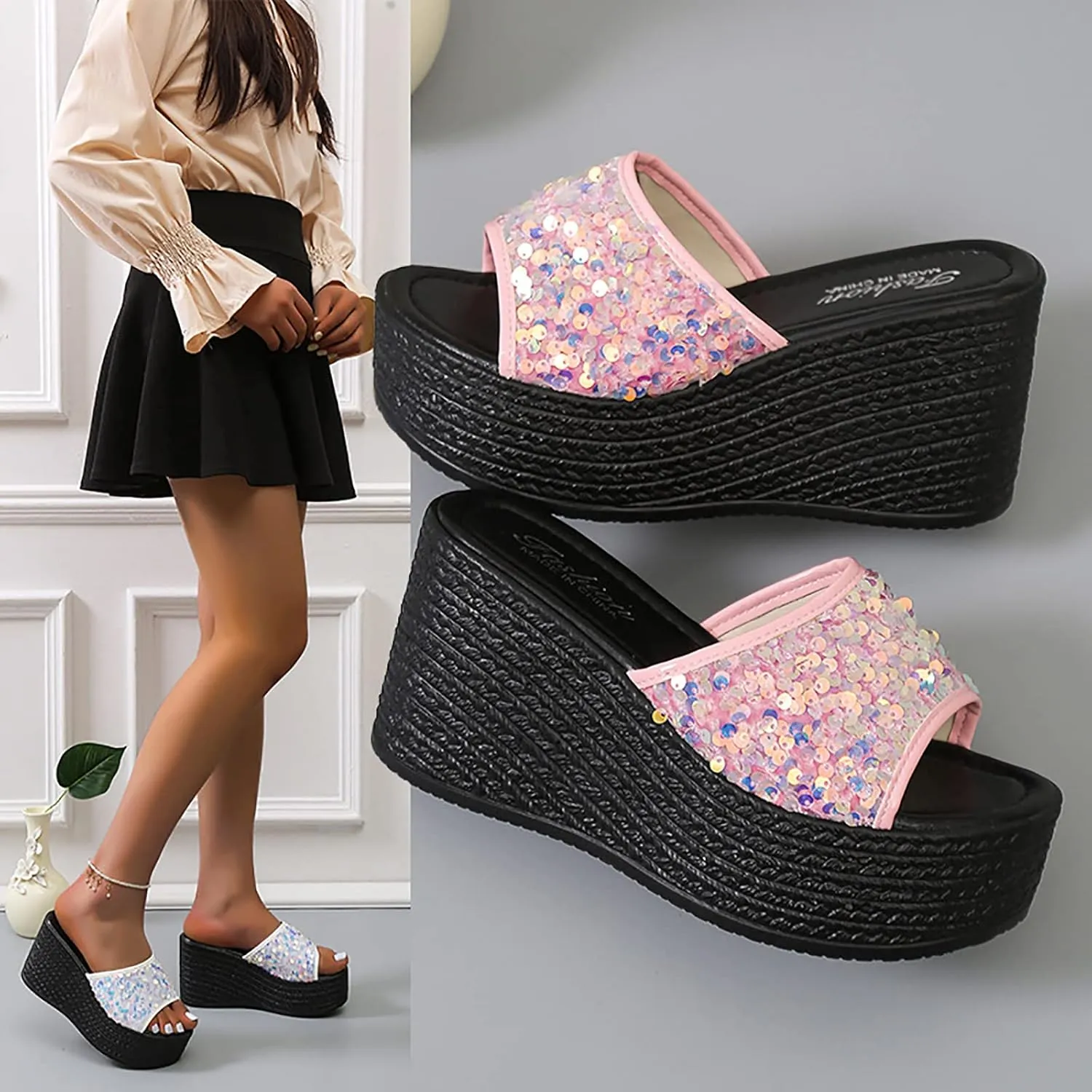WENOREG Women's Sequined Slip-On Platform Wedge Sandals,Summer Fashion Fish Mouth Open Toe Dress Beach Shoes Indoor Outdoor Comfortable Slipper Platform Sandals