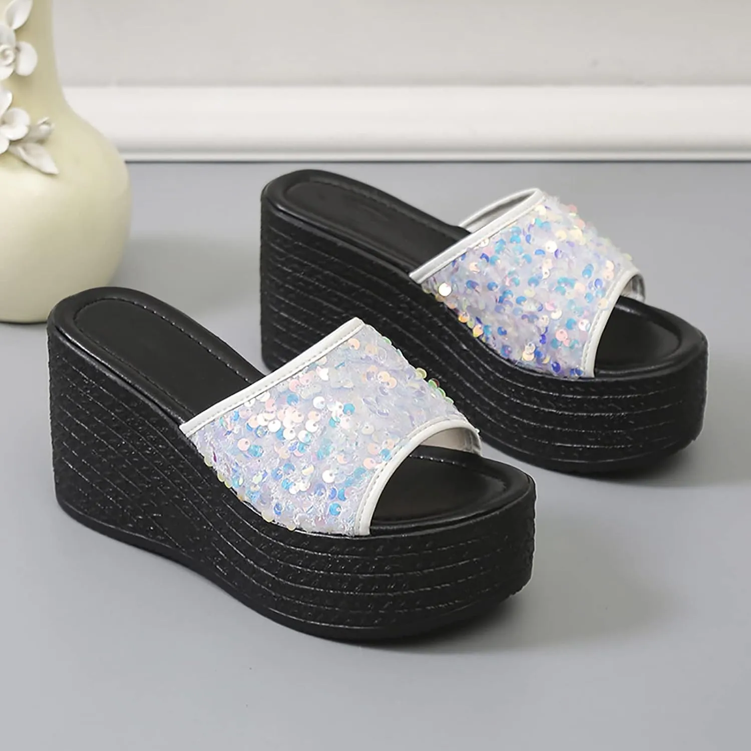 WENOREG Women's Sequined Slip-On Platform Wedge Sandals,Summer Fashion Fish Mouth Open Toe Dress Beach Shoes Indoor Outdoor Comfortable Slipper Platform Sandals