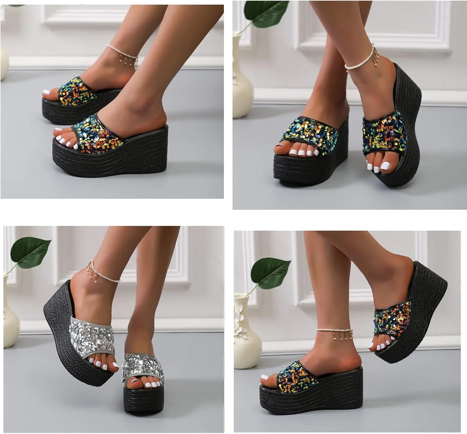 WENOREG Women's Sequined Slip-On Platform Wedge Sandals,Summer Fashion Fish Mouth Open Toe Dress Beach Shoes Indoor Outdoor Comfortable Slipper Platform Sandals