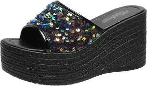 WENOREG Women's Sequined Slip-On Platform Wedge Sandals,Summer Fashion Fish Mouth Open Toe Dress Beach Shoes Indoor Outdoor Comfortable Slipper Platform Sandals
