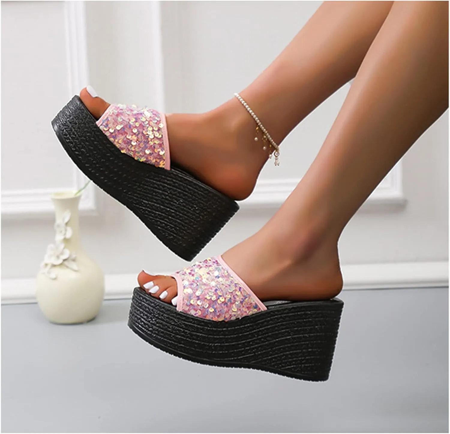 WENOREG Women's Sequined Slip-On Platform Wedge Sandals,Summer Fashion Fish Mouth Open Toe Dress Beach Shoes Indoor Outdoor Comfortable Slipper Platform Sandals
